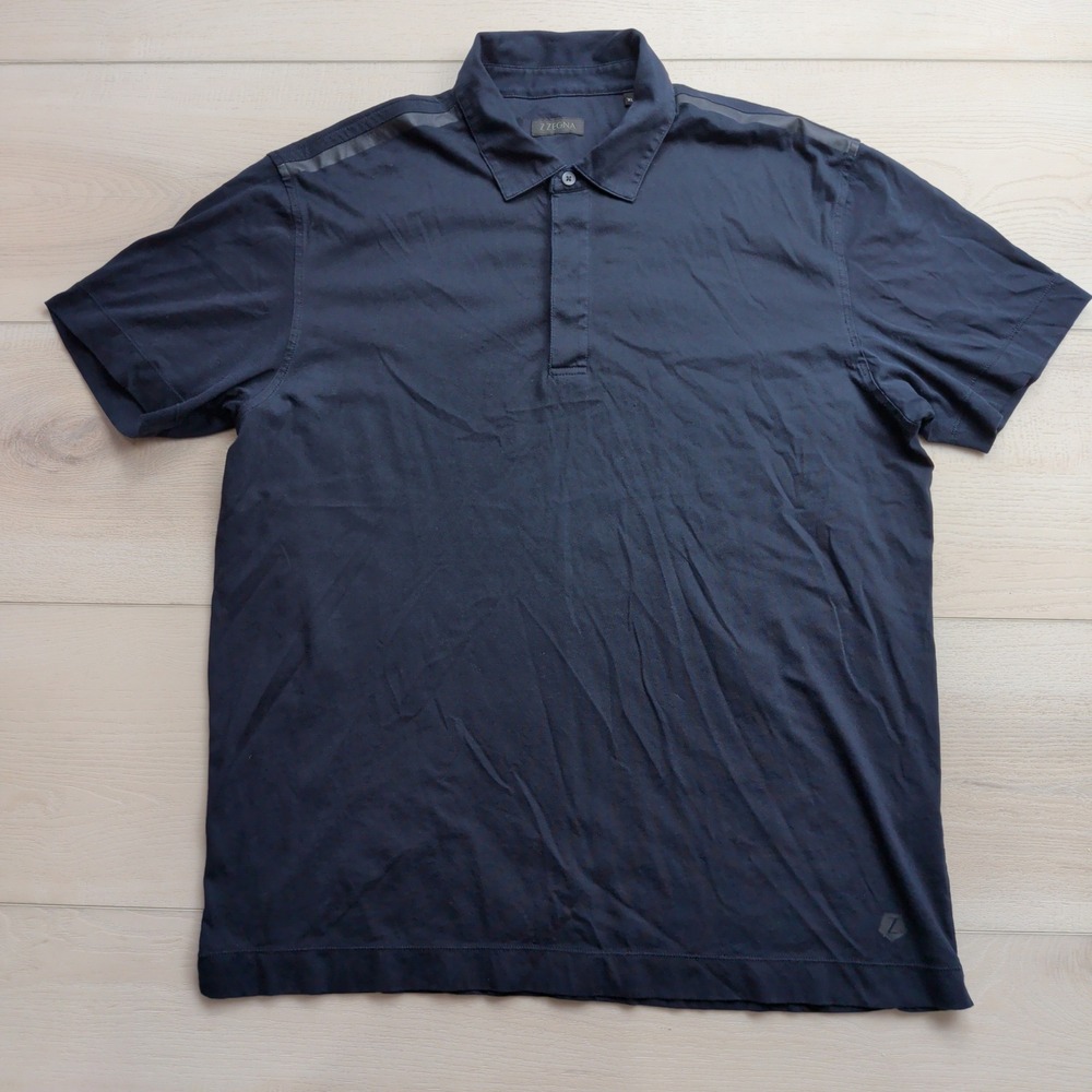 Z Zegna Polo Shirt Mens XL Navy Blue Cotton Short Sleeve Hidden Placket Logo